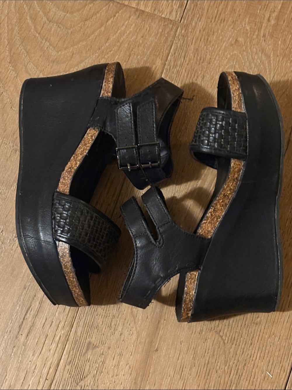 Pierre Dumas Black Wedge Sandals with Cork-Style Trim and Double Buckles